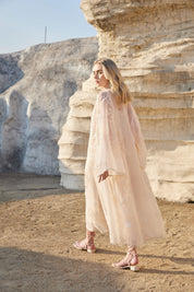 Blush Pink Sheer Midi Slip Dress with Gold Leaf Embroidery