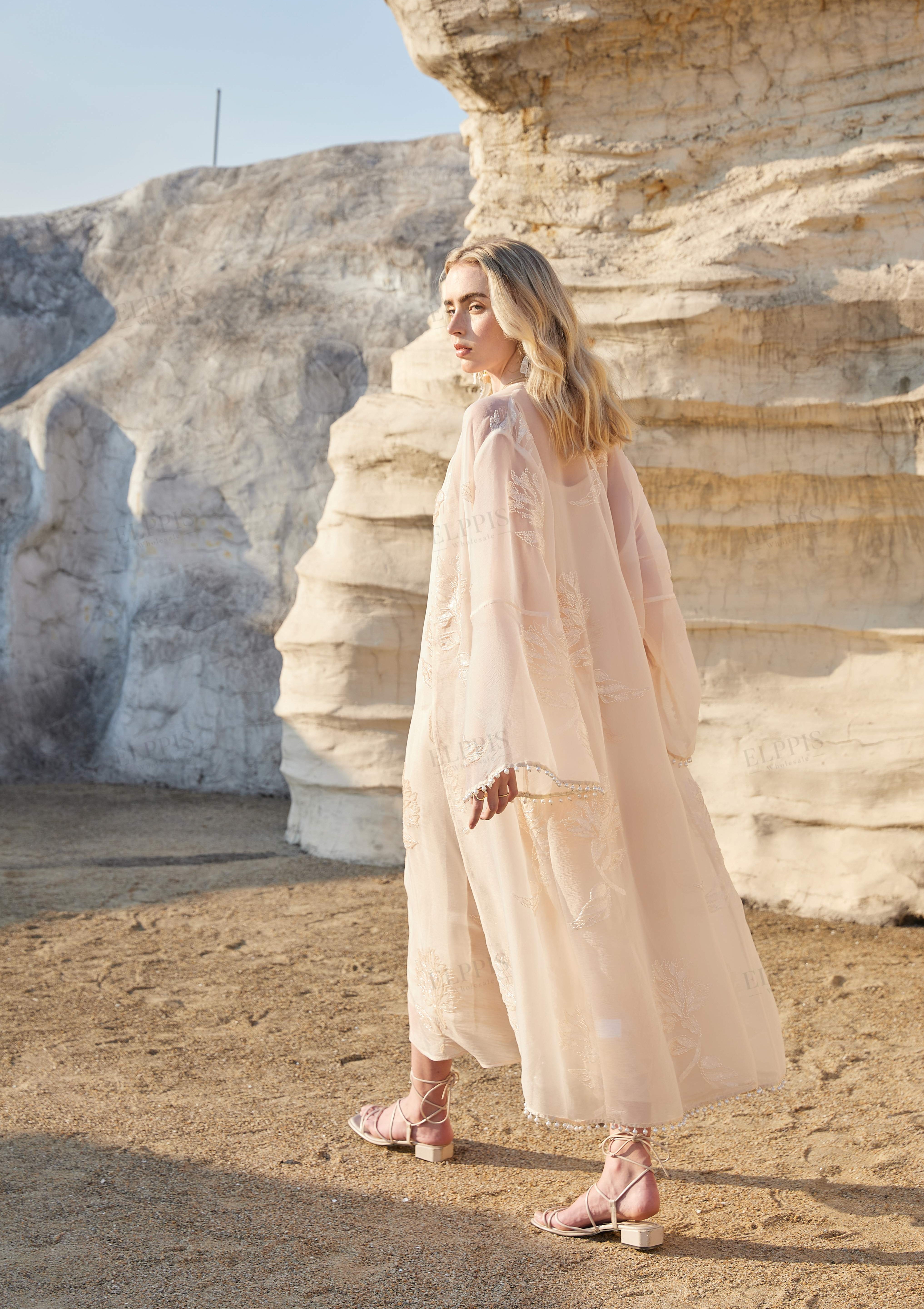 Blush Pink Sheer Midi Slip Dress with Gold Leaf Embroidery