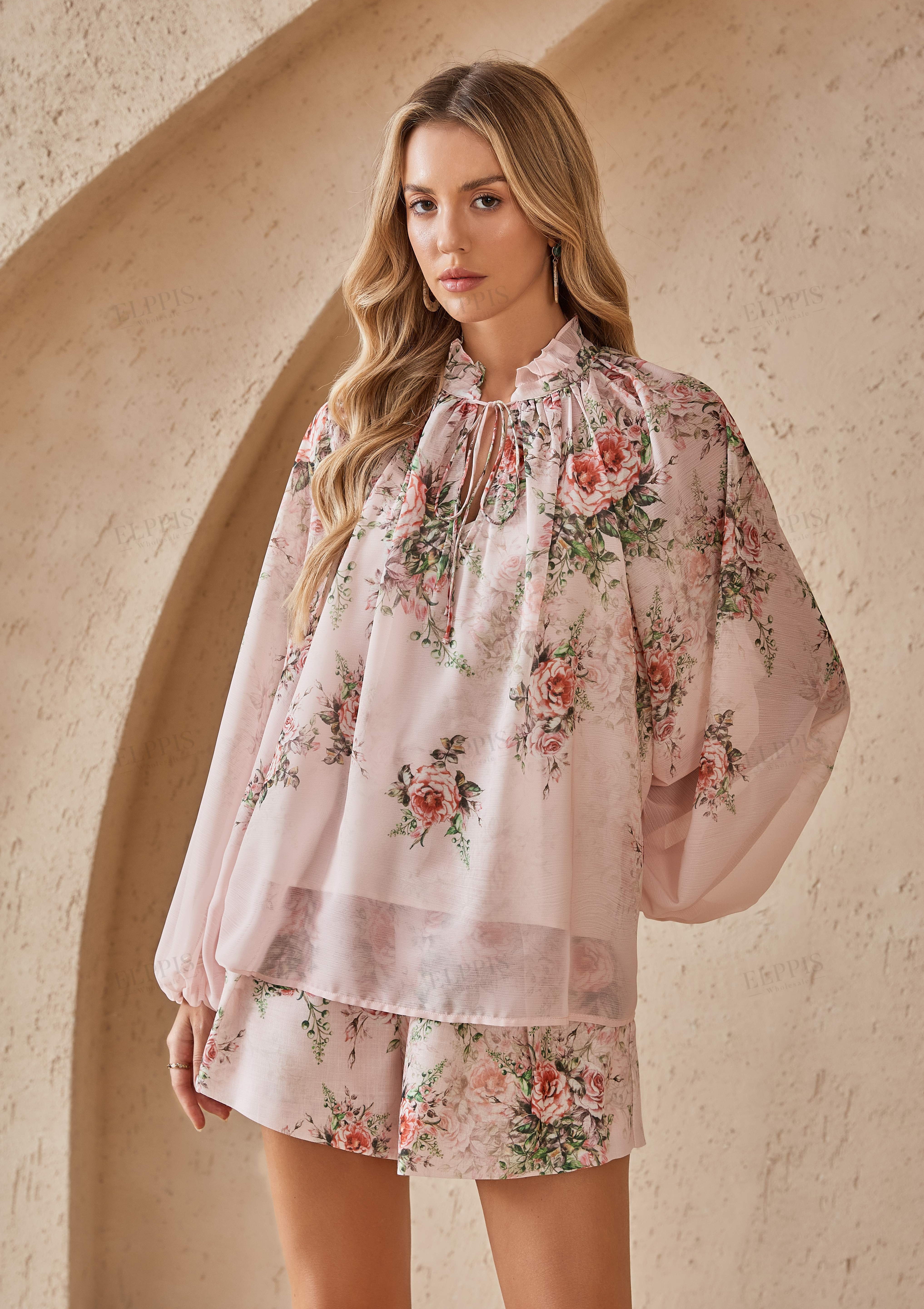 Blush Pink Romantic Rose Print Chiffon Blouse with Balloon Sleeves