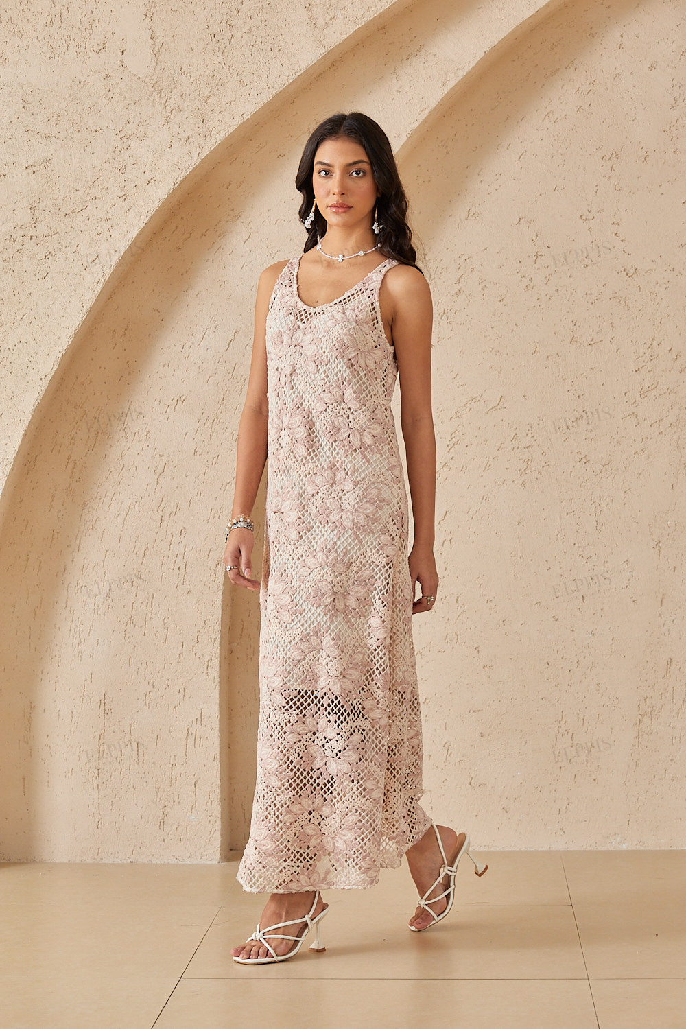Blush Pink Floral Crochet Lace Sleeveless Midi Dress