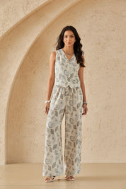 Beige Paisley Print Button-Front Sleeveless Vest