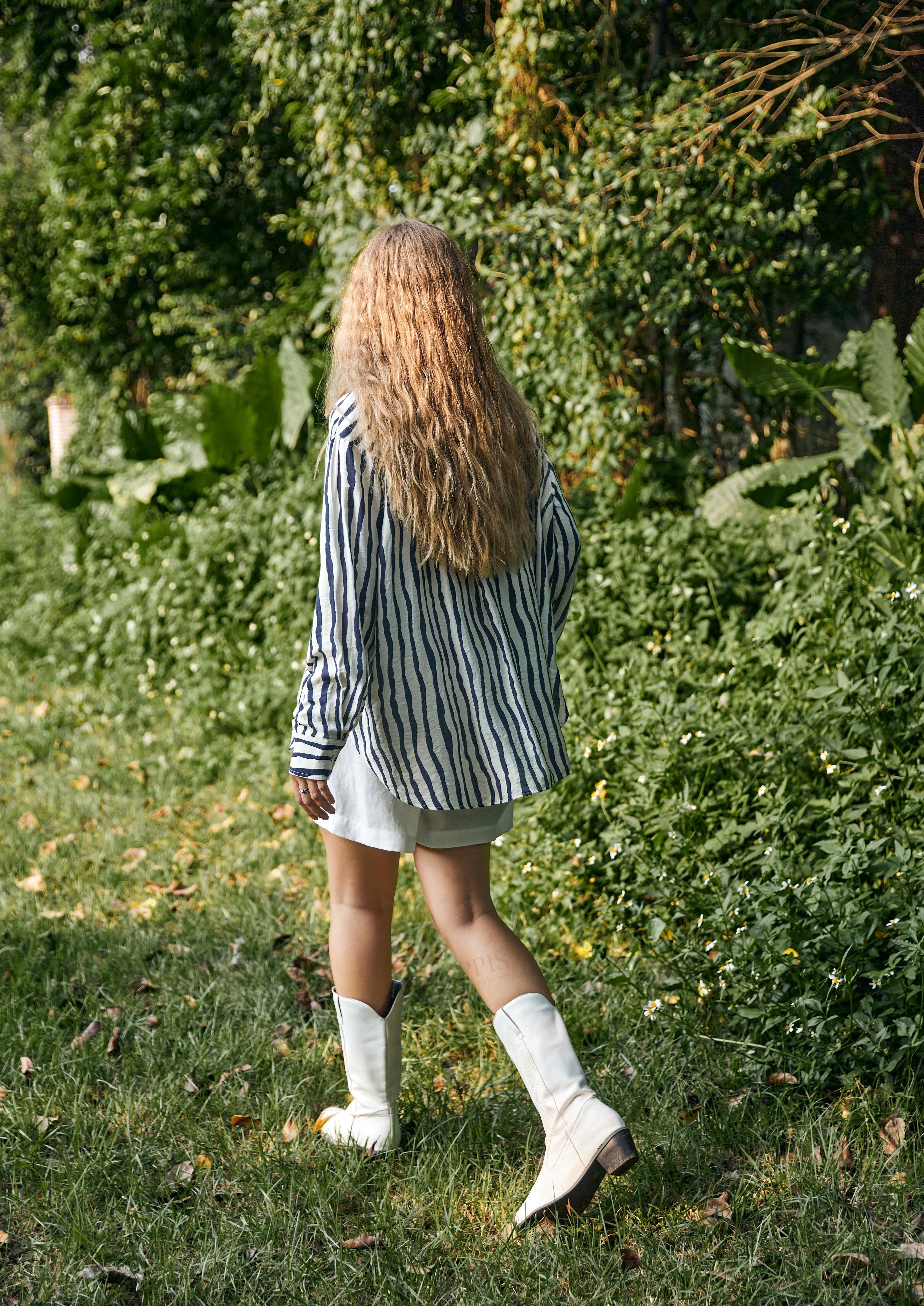 Ivory & Navy Striped Oversized Linen Shirt