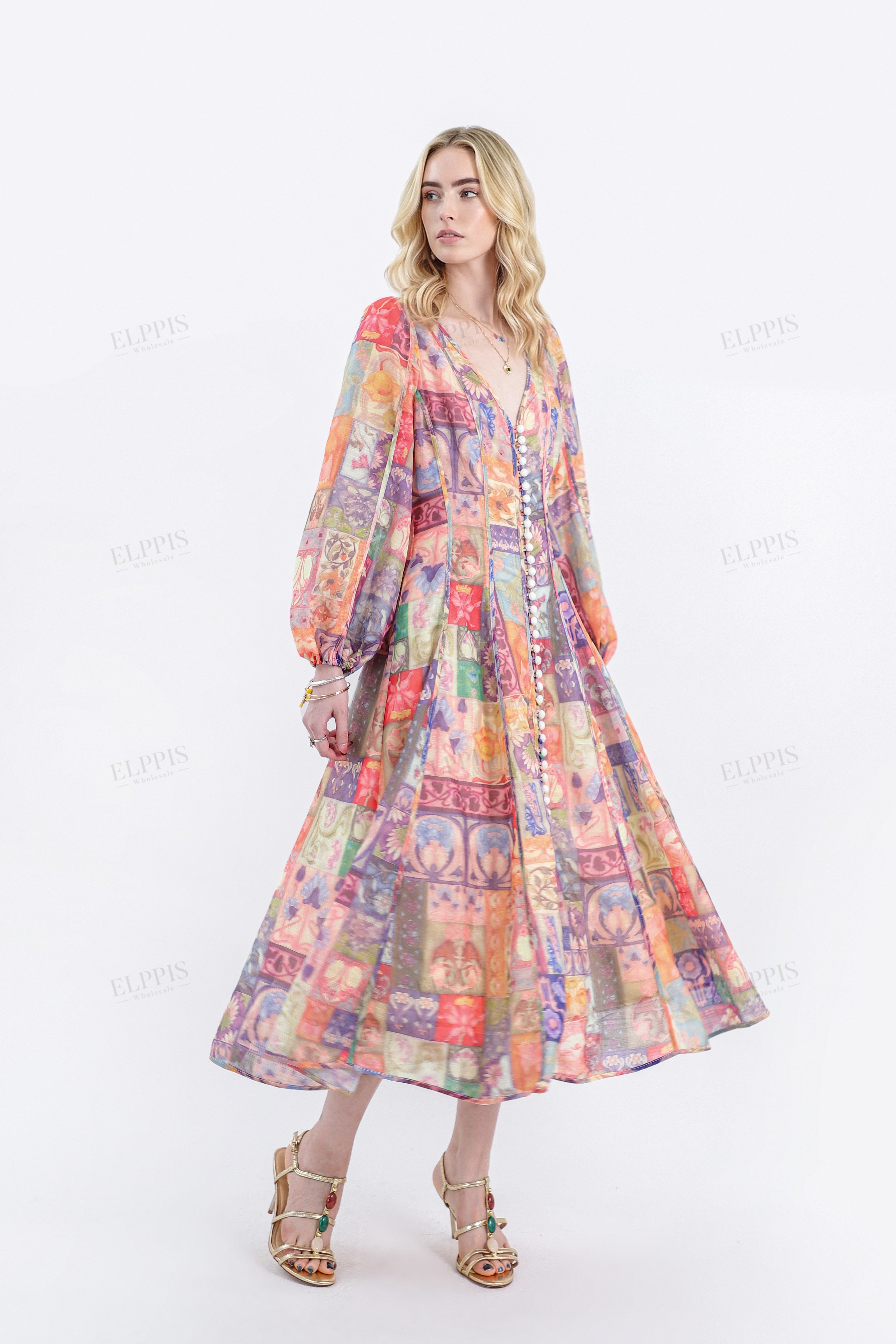 Colorful Patchwork Long-Sleeve Midi Dress with Pearl Button Trim