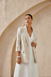 Beige Textured Linen-Blend Blazer with Floral Embroidery