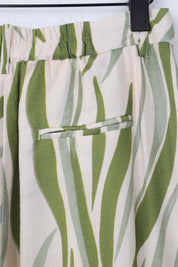 Green Leaf Print High-Waisted Wide-Leg Pants with Beaded Drawstring