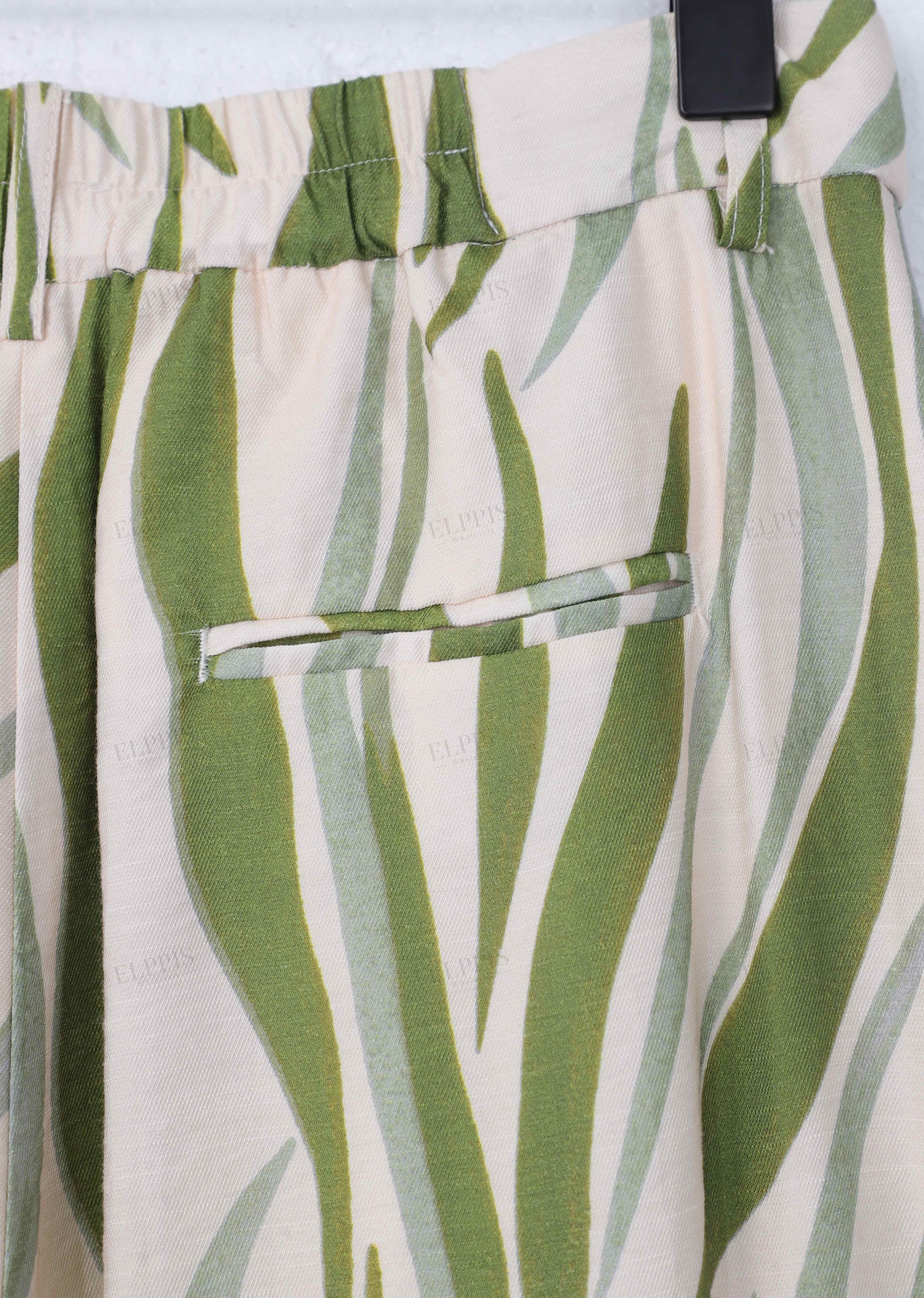 Green Leaf Print High-Waisted Wide-Leg Pants with Beaded Drawstring