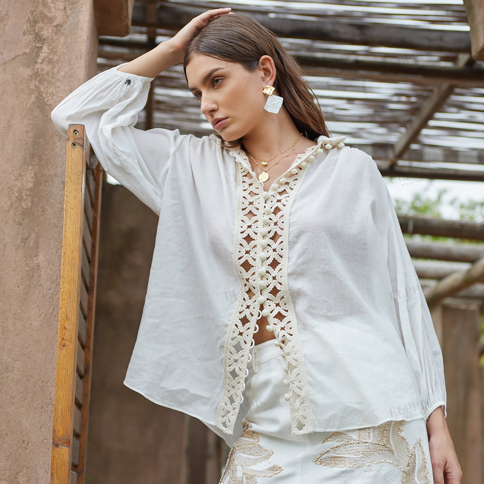 Lace patchwork H-line cotton-linen long sleeve top