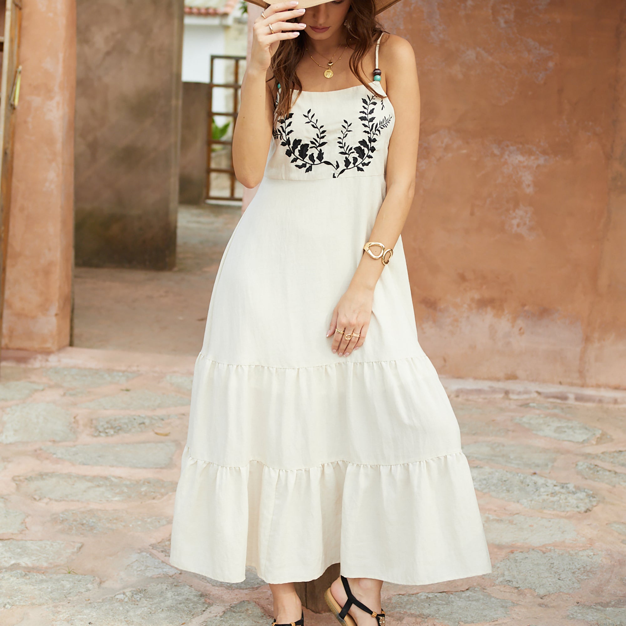 Embroidered A-line cotton-linen maxi camisole dress