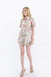 Floral Print Eyelet Lace High-Waisted Shorts with Belt