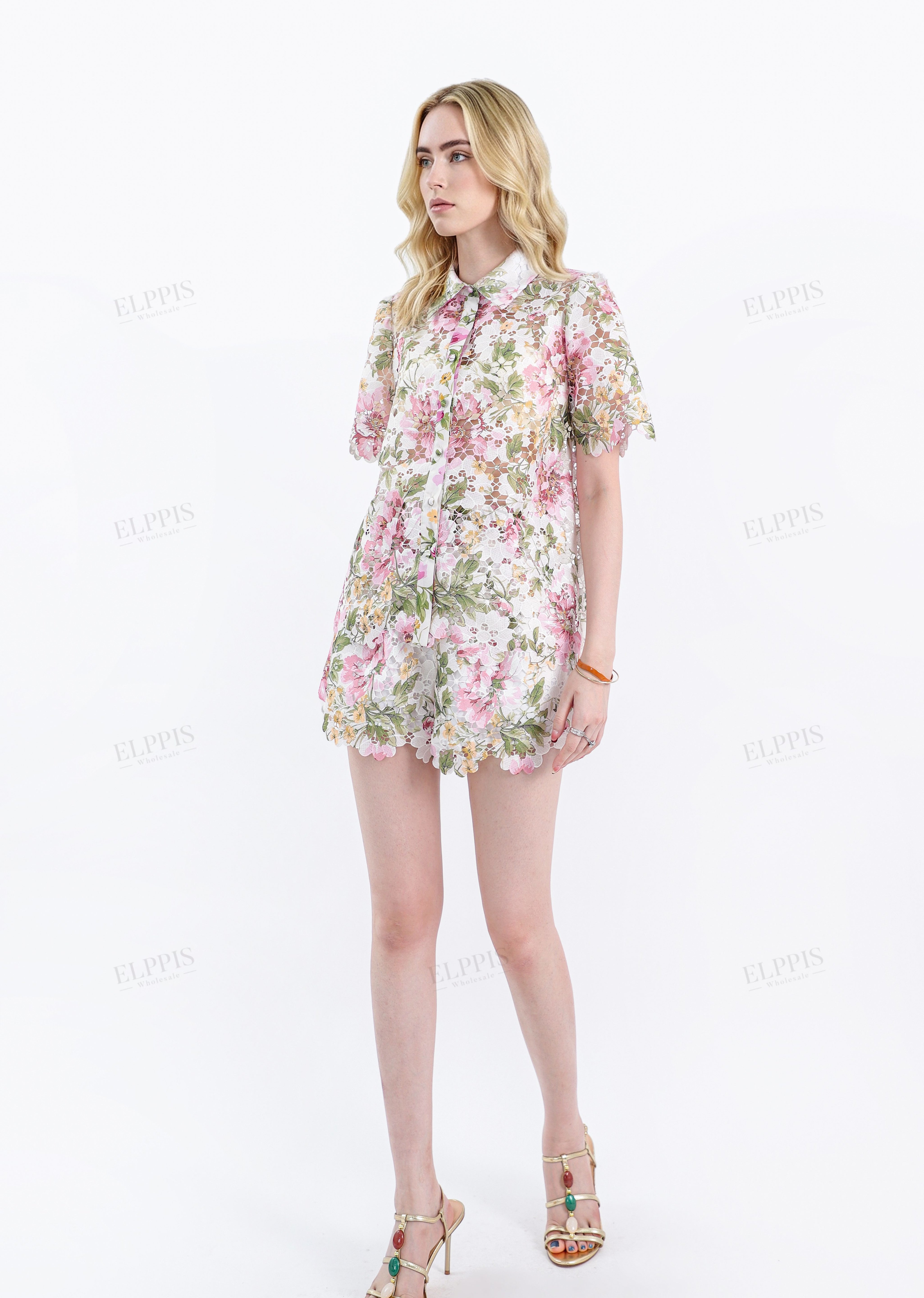 Floral Print Eyelet Lace High-Waisted Shorts with Belt