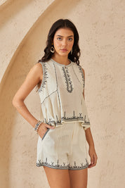 Ivory Black Embroidered Trim Linen Shorts