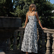 Black and white floral cotton embroidered A-line strapless maxi dress
