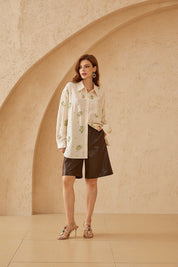 Cream Long-Sleeve Shirt with Sequin Floral Embellishments