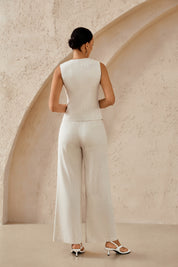 Beige Textured Linen-Blend Embroidered Waistcoat