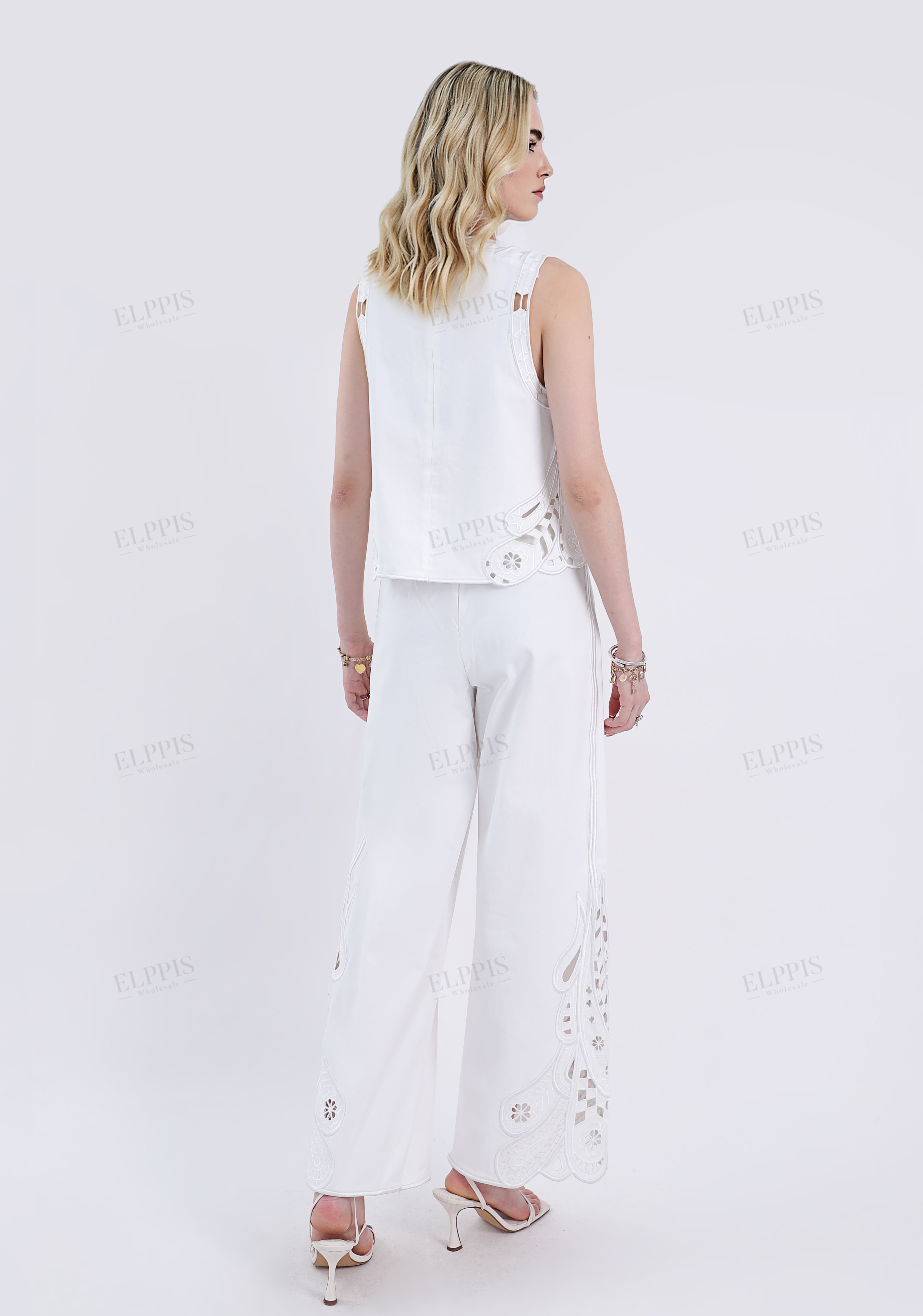 White Wide-Leg Pants with Cutout Embroidery Hem