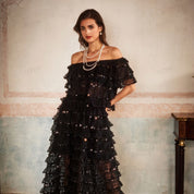 Sequin embroidered multi-layer ruffled off-the-shoulder cropped top