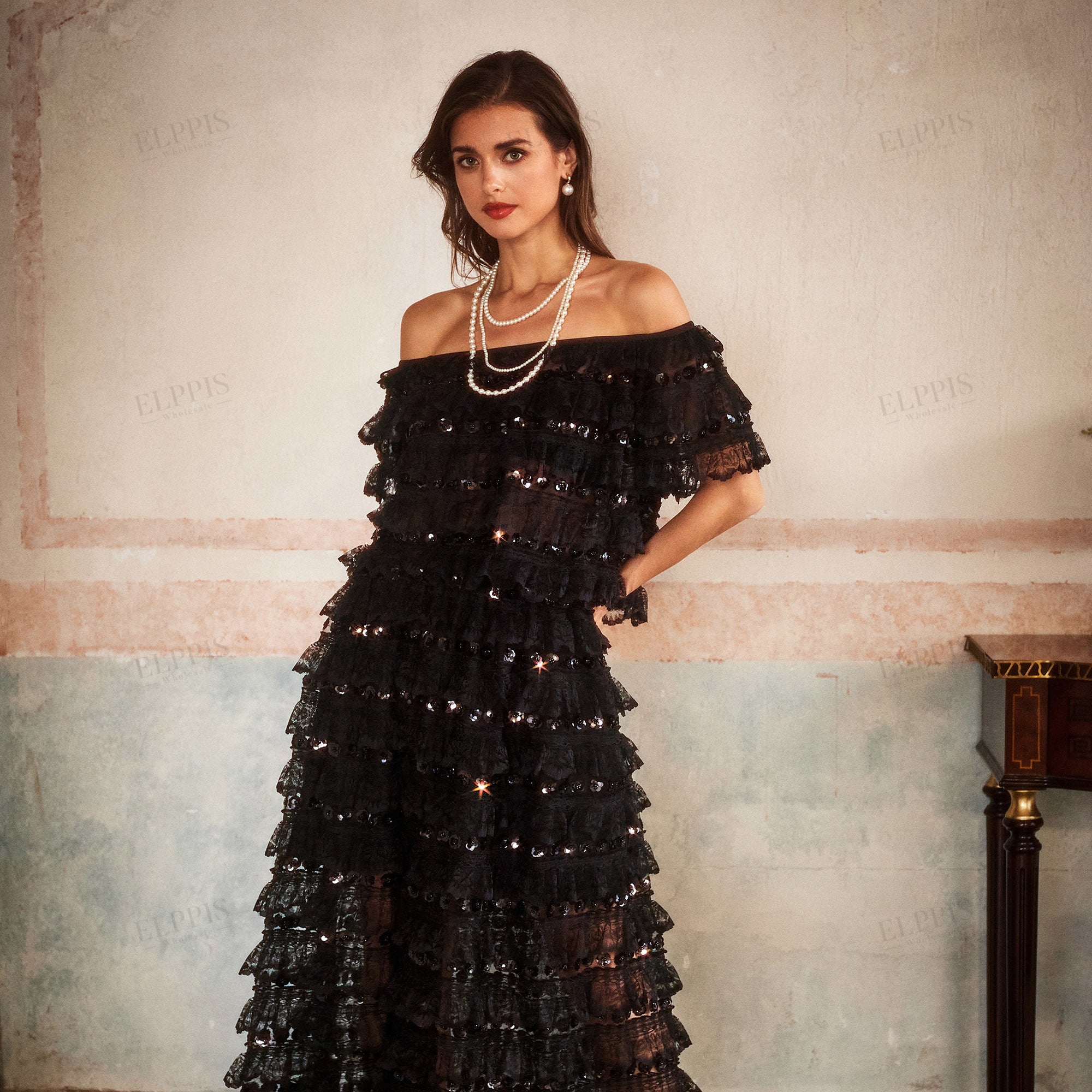Sequin embroidered multi-layer ruffled off-the-shoulder cropped top