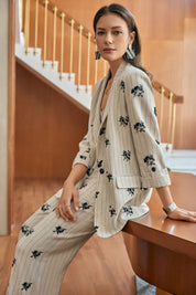 Beige Pinstripe Floral Embroidered Wide-Leg Pants