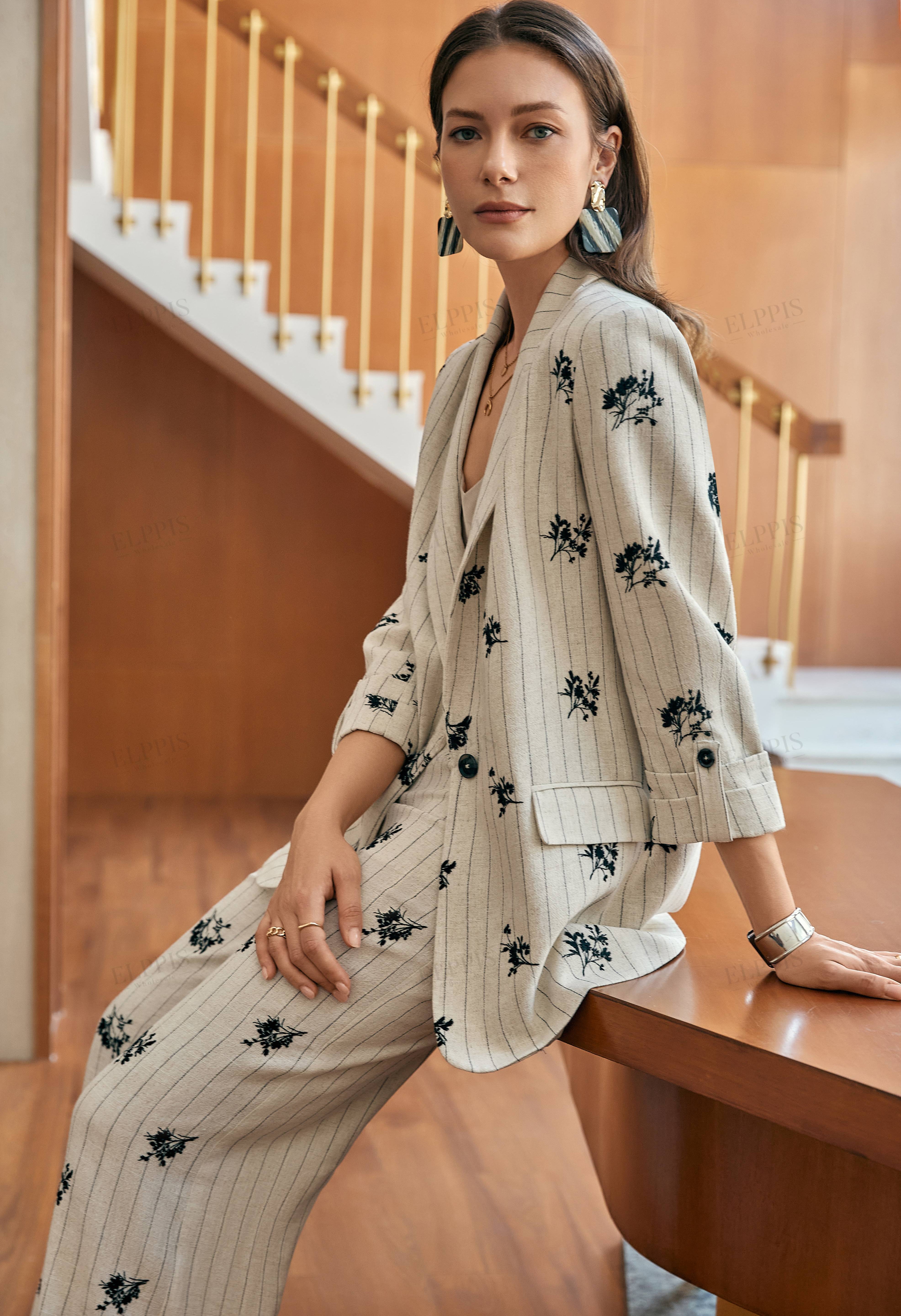 Beige Pinstripe Floral Embroidered Wide-Leg Pants