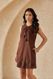 Cocoa Brown Sleeveless Tunic with Cutwork Embroidery & Tassel Tie