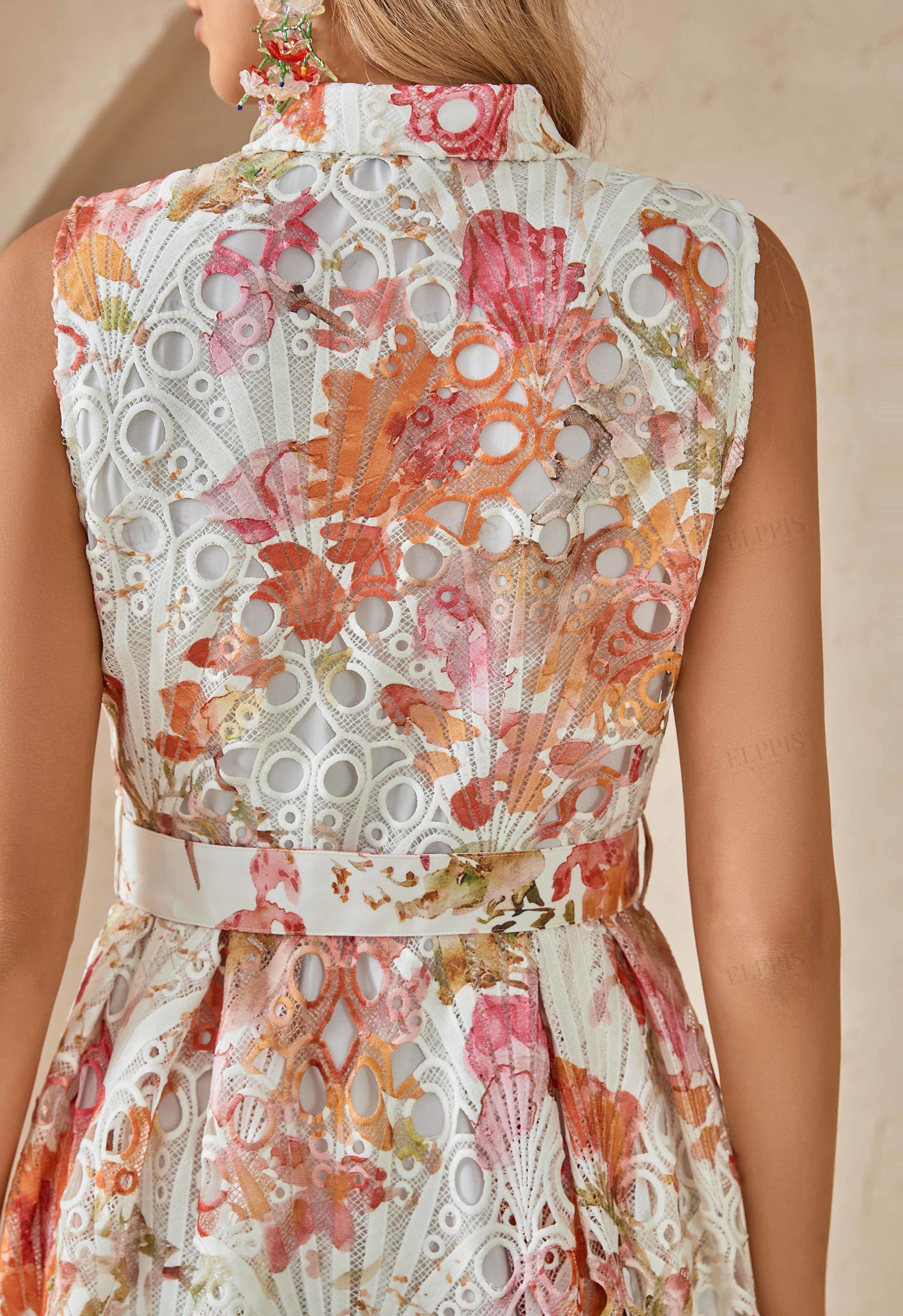 Sleeveless Cutout Lace Midi Shirt Dress
