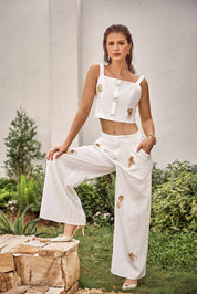 White Linen-Blend Cropped Camisole with Gold Crane Embroidery