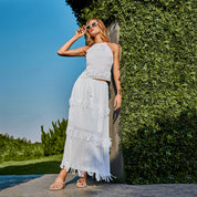 Chiffon base with 3D tassel embellishment straight midi skirt