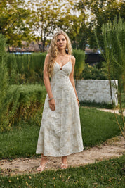 Ivory Spaghetti Strap Maxi Dress with Gold Floral Embroidery
