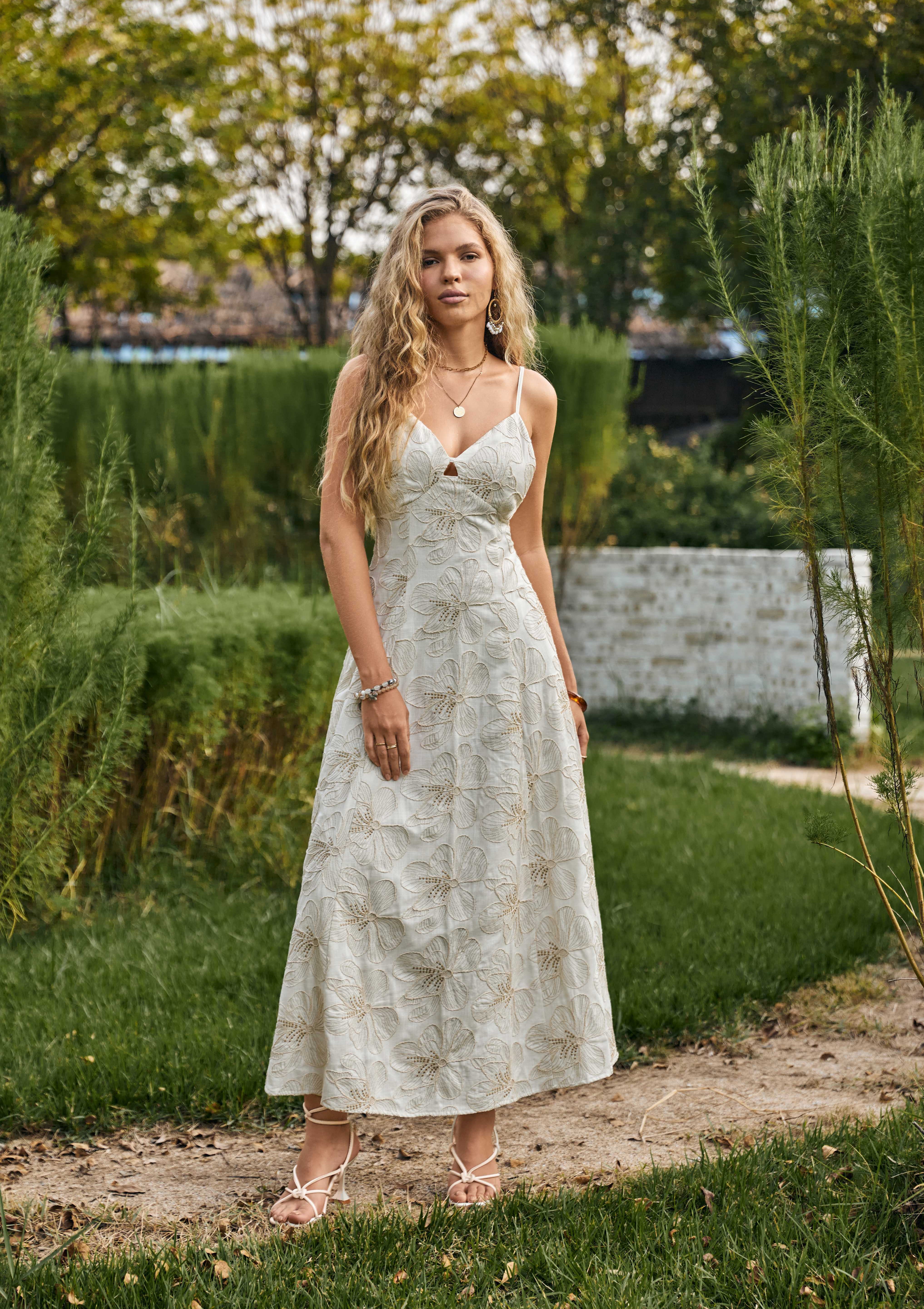 Ivory Spaghetti Strap Maxi Dress with Gold Floral Embroidery