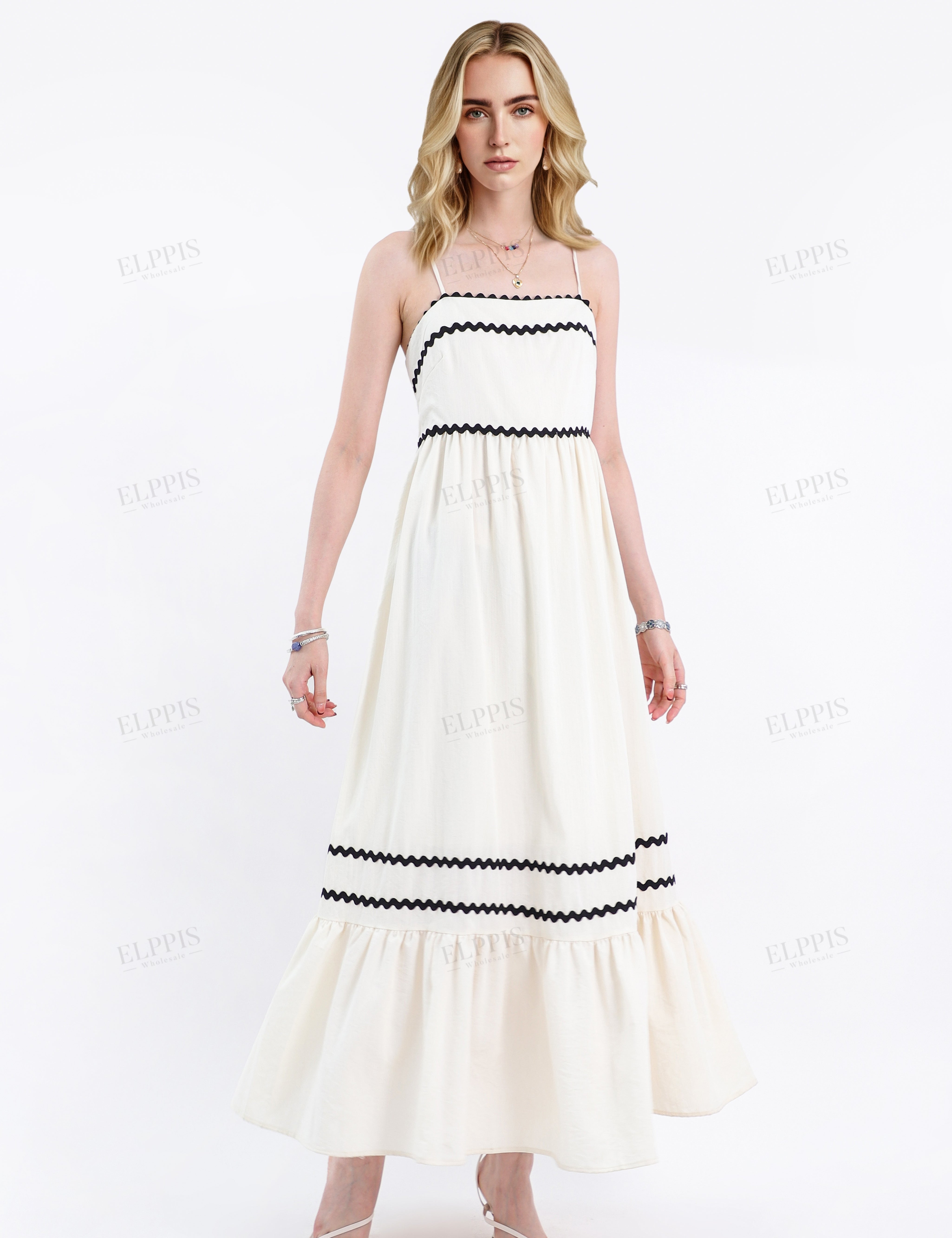 Cream Rayon-Blend Spaghetti-Strap Maxi Dress with Wave Trim