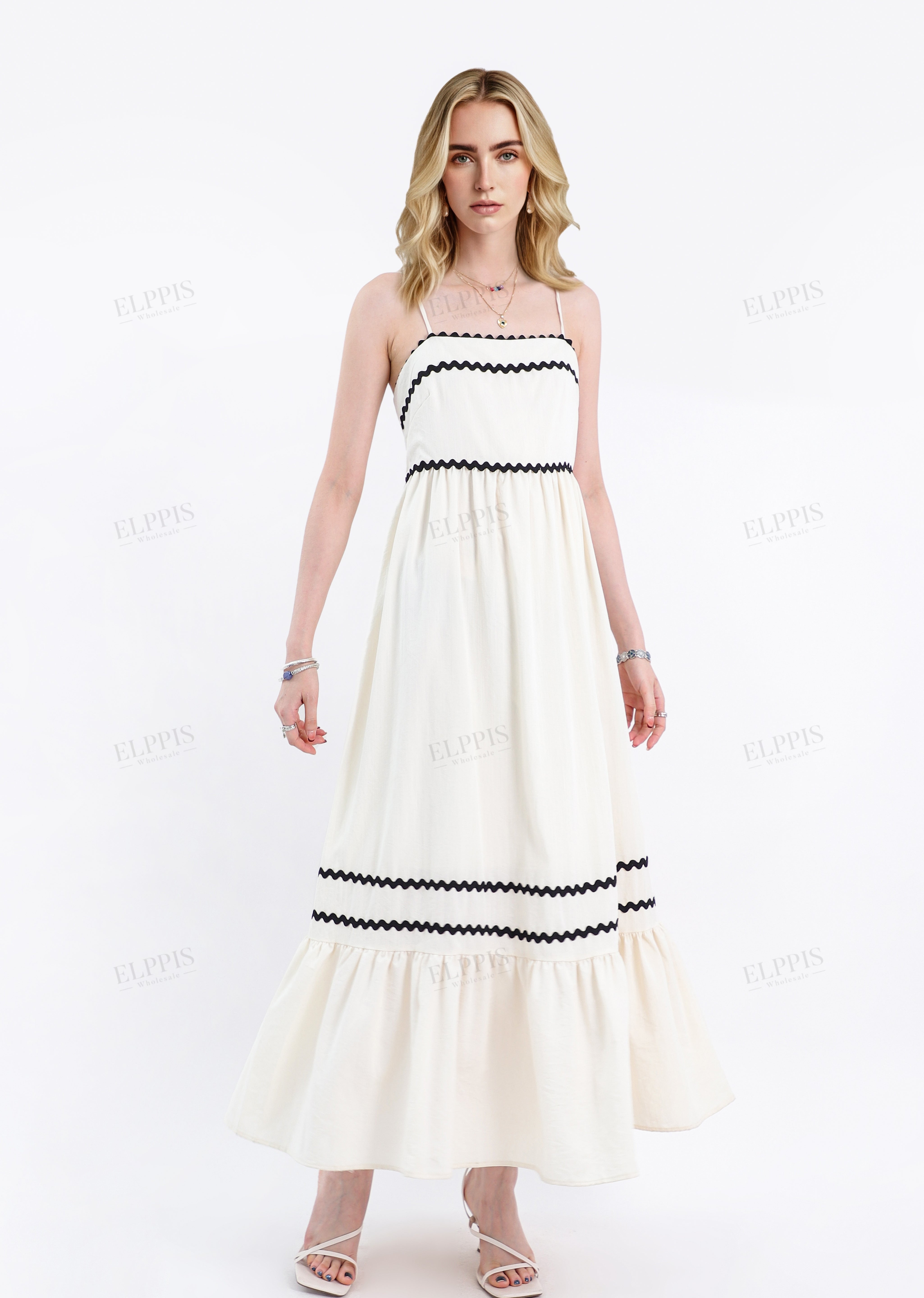 Cream Rayon-Blend Spaghetti-Strap Maxi Dress with Wave Trim