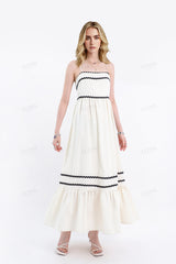 Cream Rayon-Blend Spaghetti-Strap Maxi Dress with Wave Trim