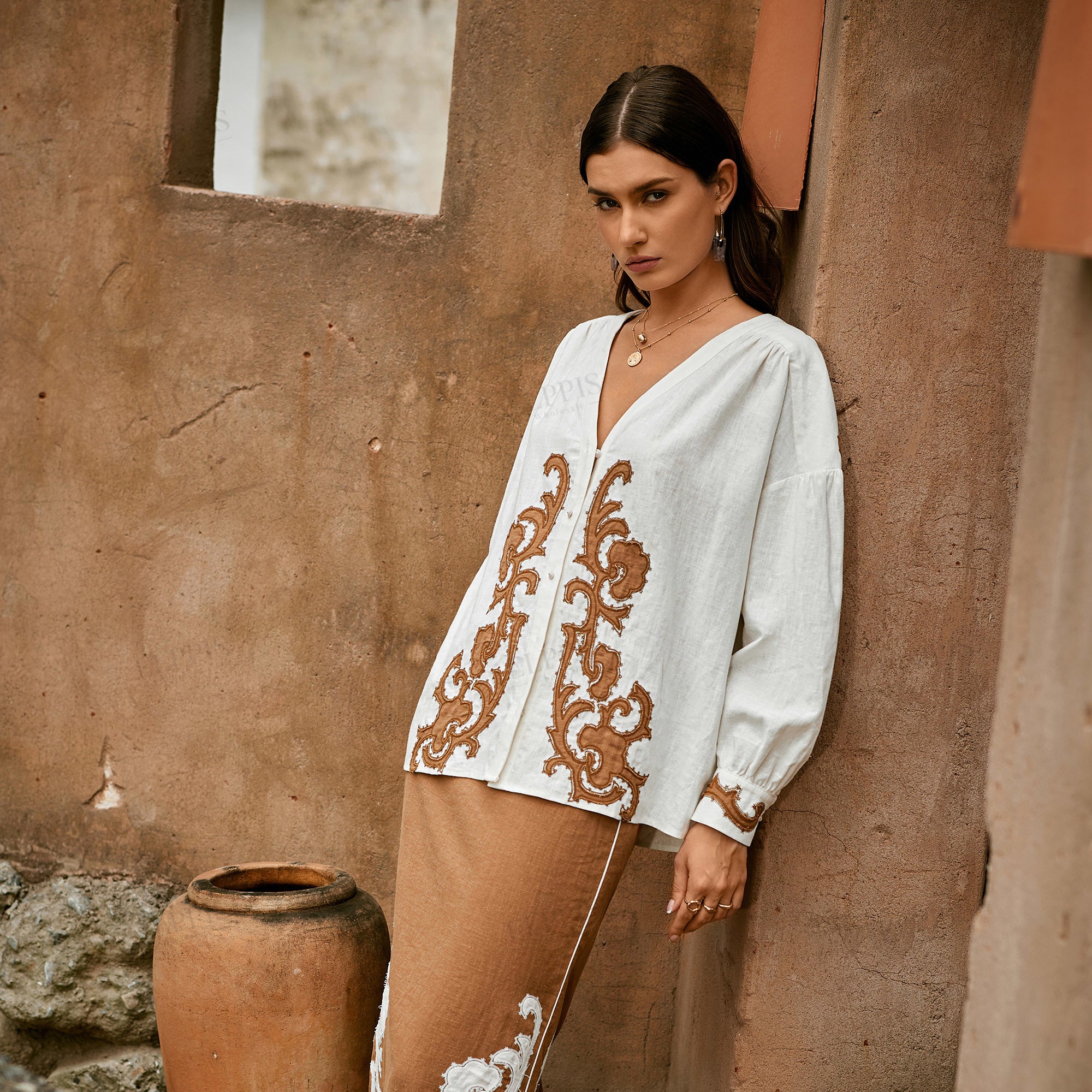 Color-block patchwork embroidered H-line cotton-linen midi skirt