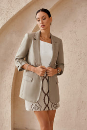 Beige Linen 3/4 Roll-Sleeve Blazer