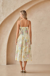 Yellow Eyelet Lace Floral Print Midi Slip Dress