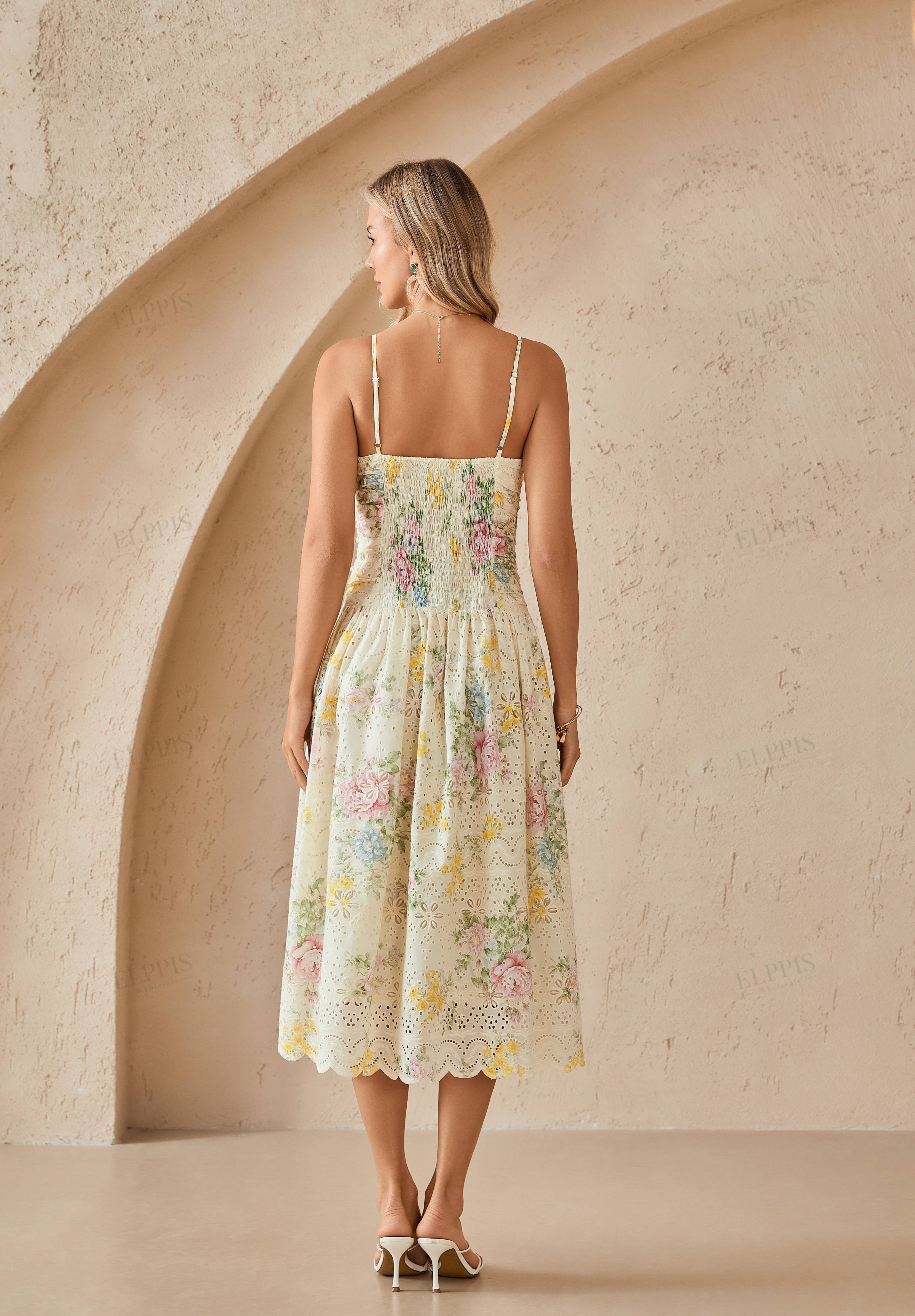 Yellow Eyelet Lace Floral Print Midi Slip Dress