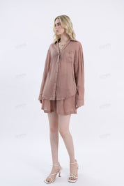 Khaki Ramie High-Waisted Drawstring Shorts