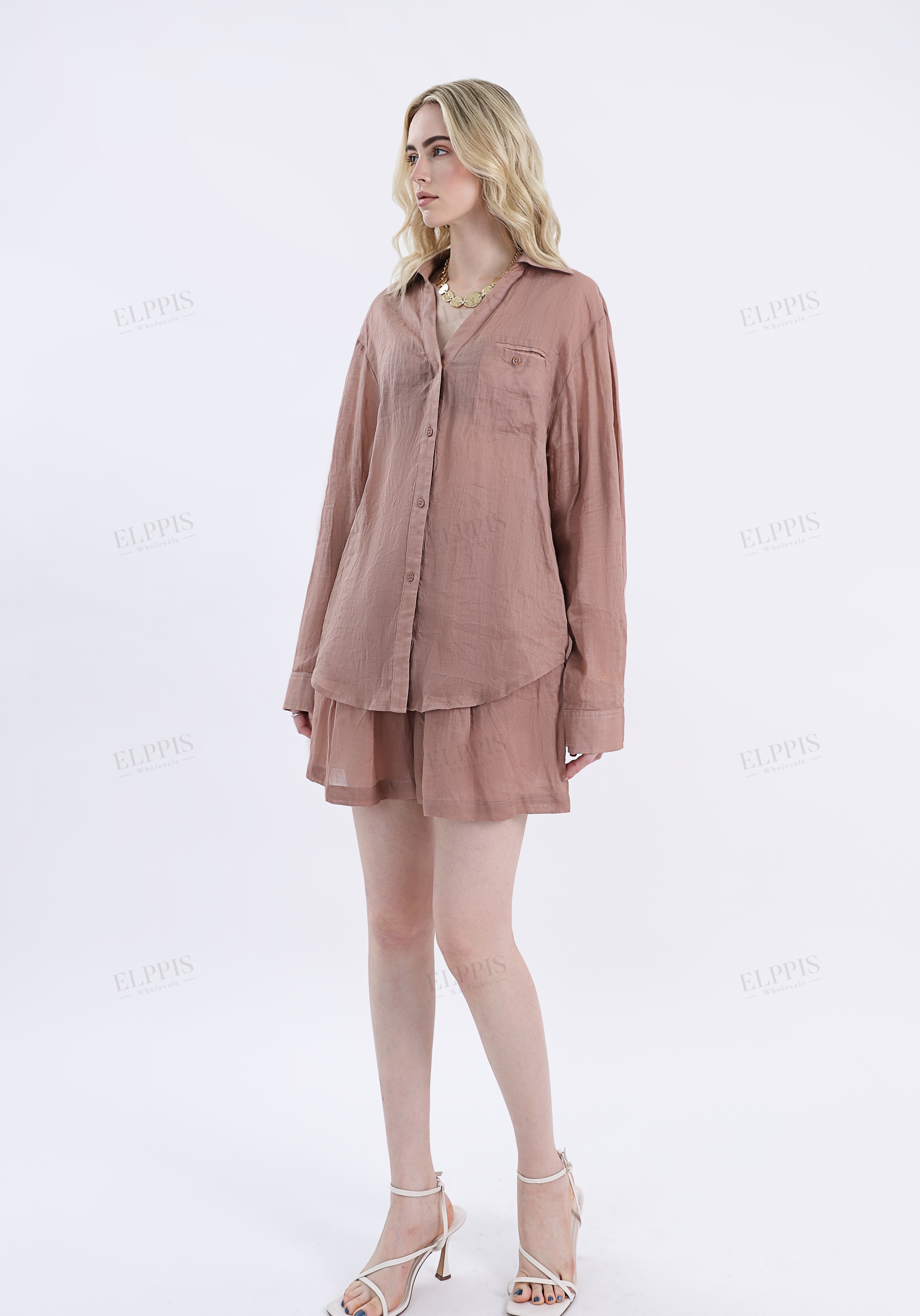 Khaki Ramie High-Waisted Drawstring Shorts