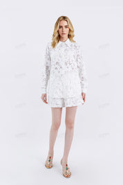 White Floral Lace Short-Sleeve Blouse