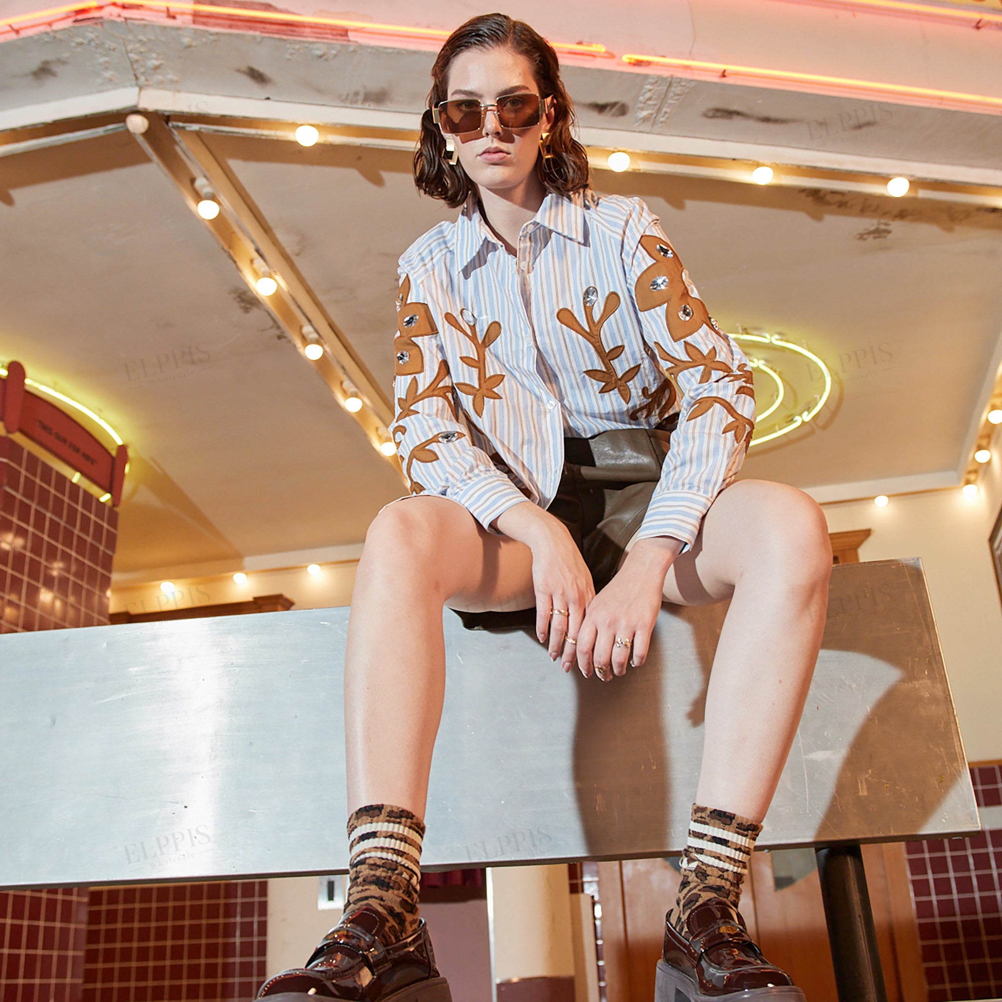 Striped patchwork embroidered hand-beaded shirt