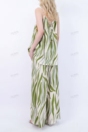 Green Leaf Print High-Waisted Wide-Leg Pants with Beaded Drawstring