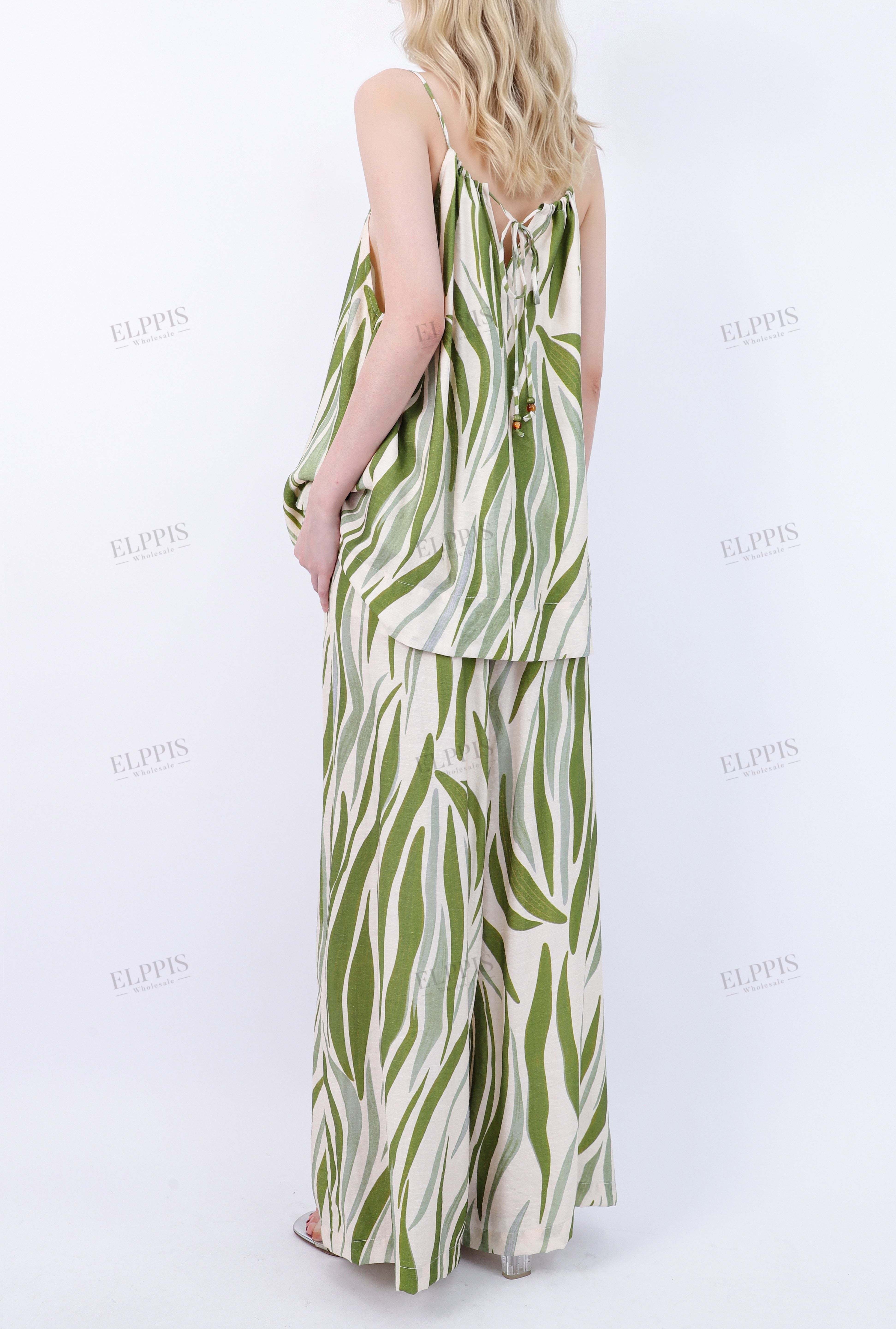 Green Leaf Print High-Waisted Wide-Leg Pants with Beaded Drawstring