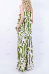 Green Leaf Print High-Waisted Wide-Leg Pants with Beaded Drawstring