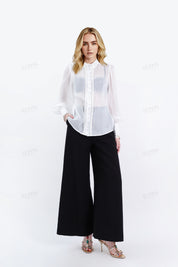 White Sheer Stand-Collar Blouse with Ruffled Button Placket & Puff Sleeves