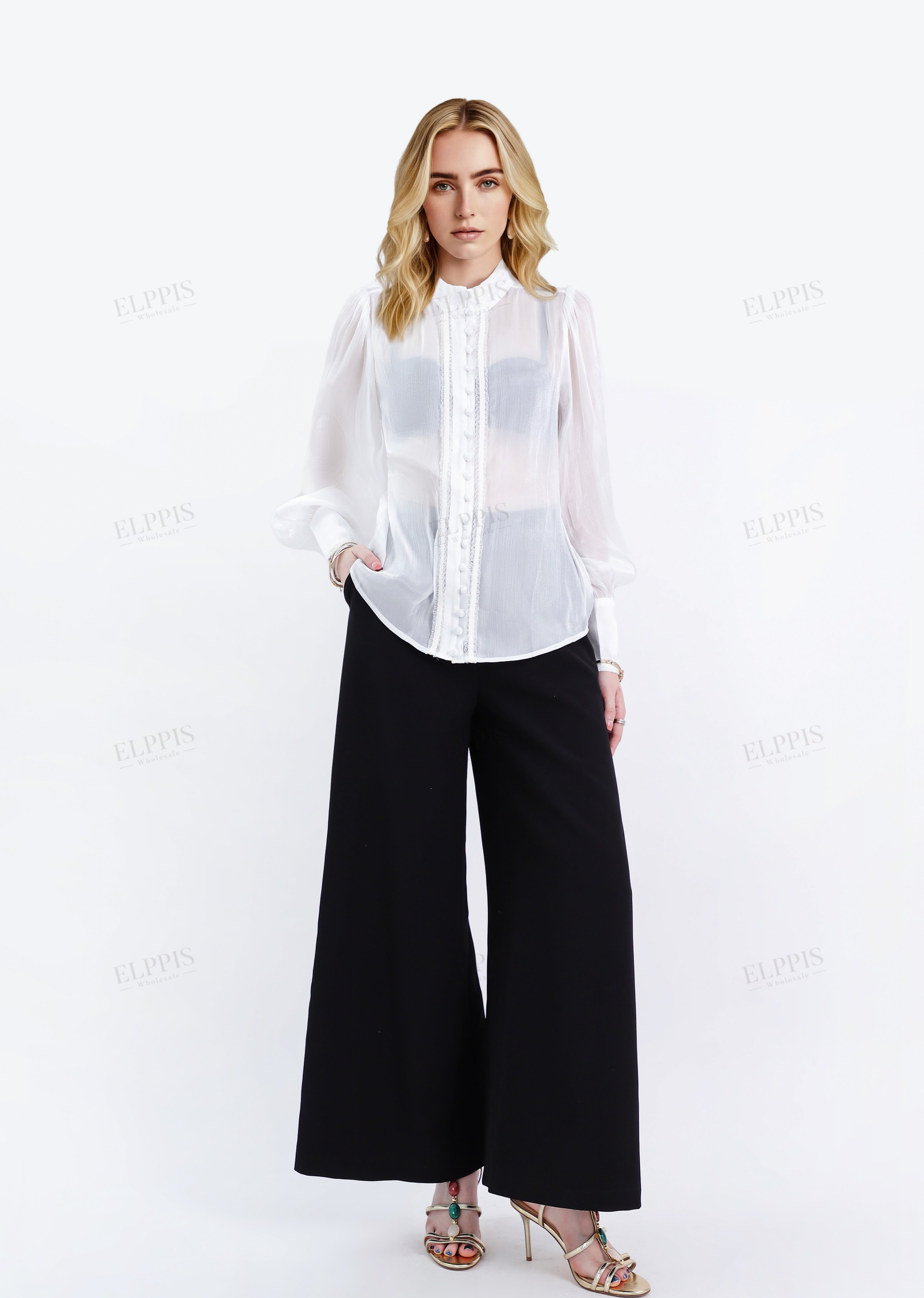 White Sheer Stand-Collar Blouse with Ruffled Button Placket & Puff Sleeves