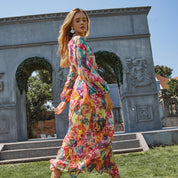 3D flower decorated collar long sleeve geometric print A-line long dress