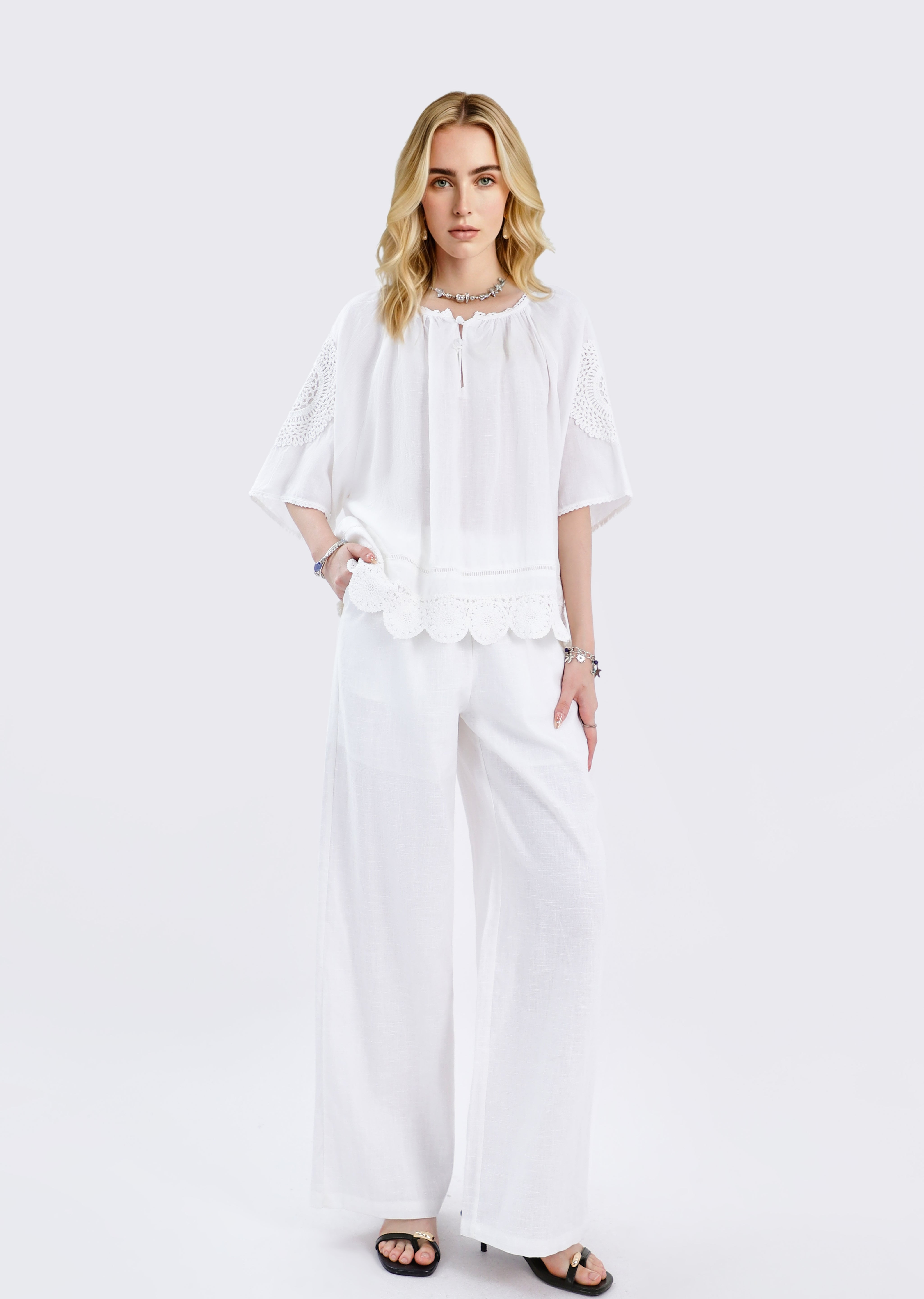 White Blouse with Crochet Lace Accents & Bell Sleeves