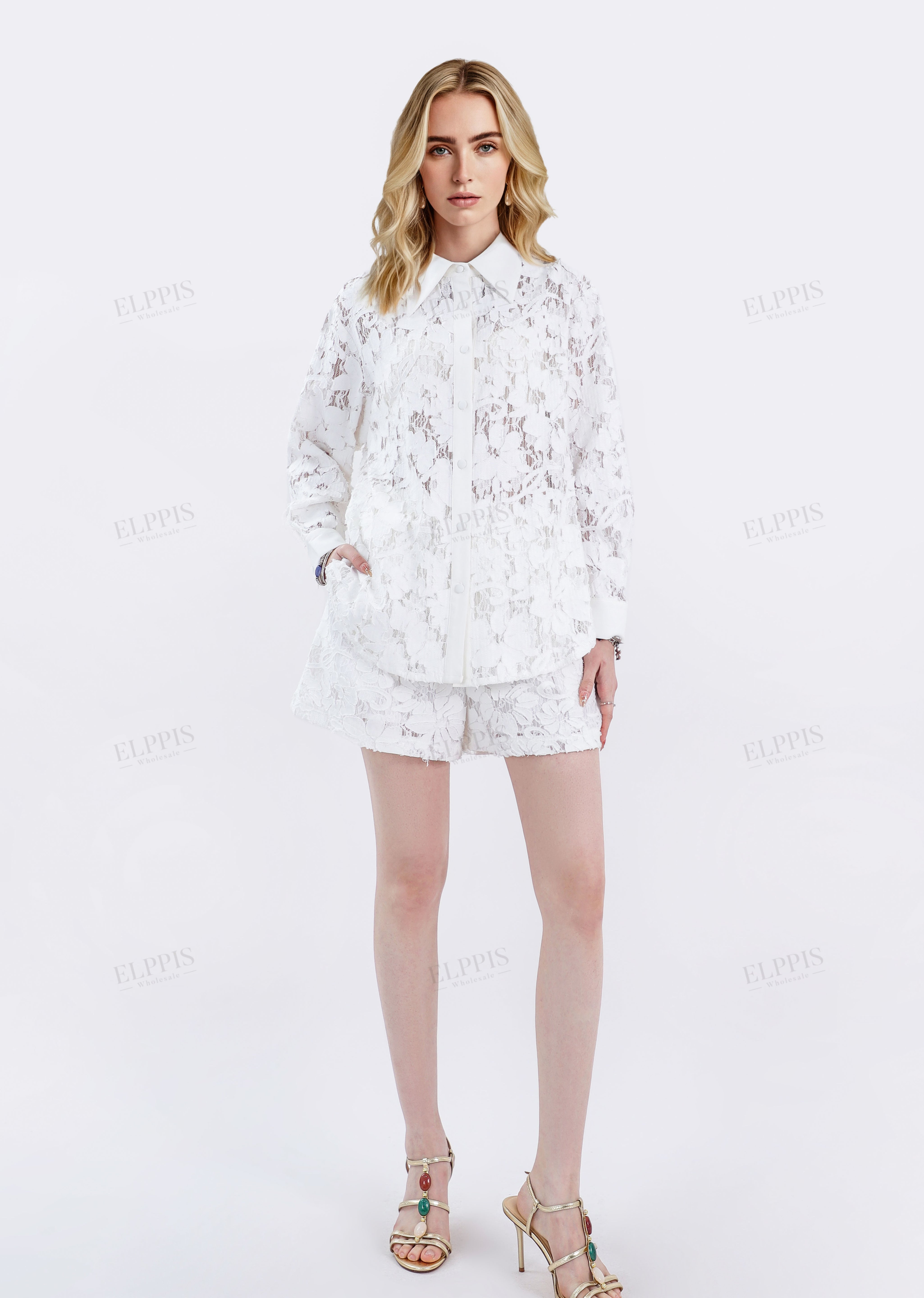 White Floral Lace Short-Sleeve Blouse