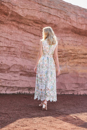 Eyelet Floral Print Sleeveless Midi Shirt Dress with Belt