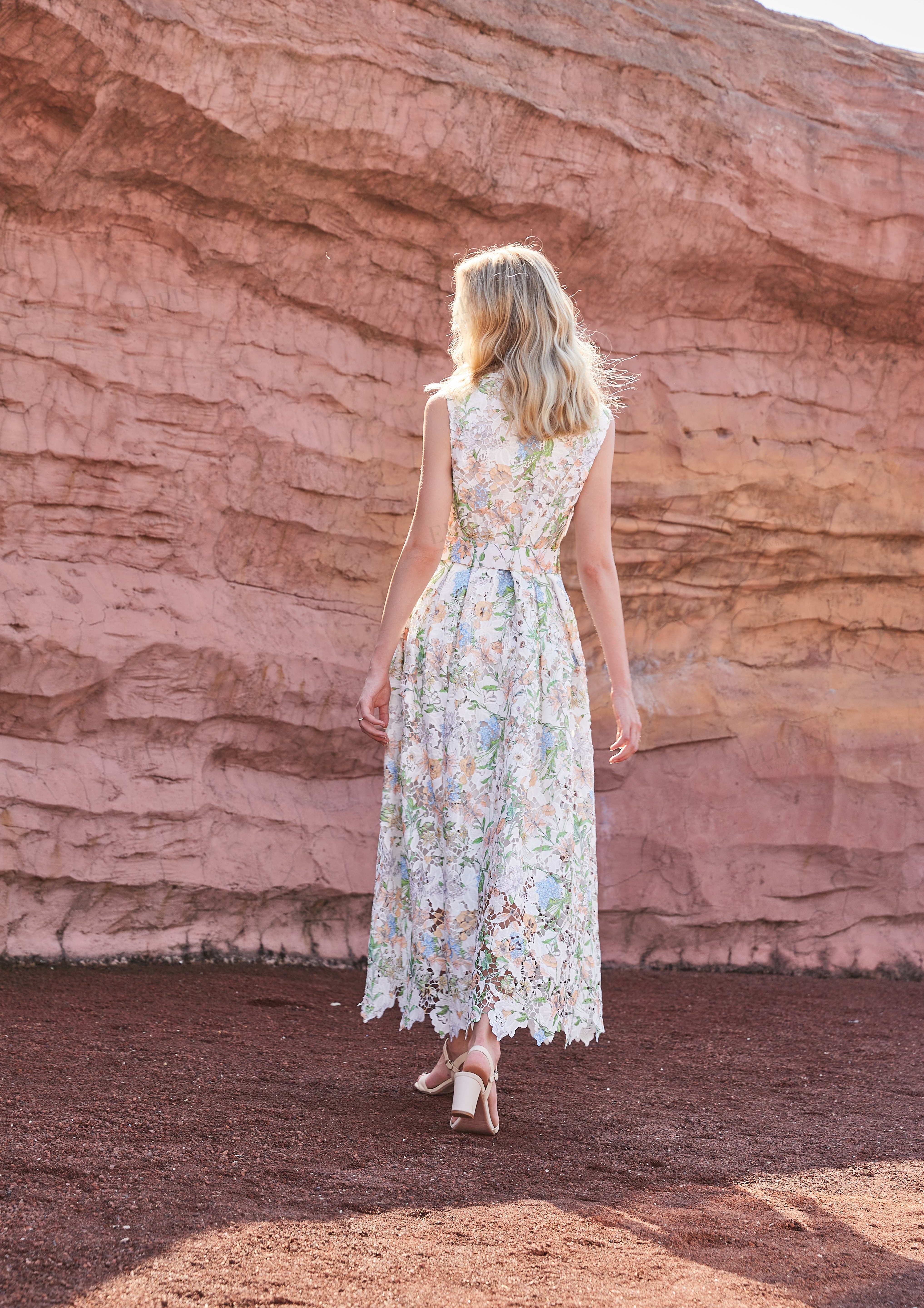 Eyelet Floral Print Sleeveless Midi Shirt Dress with Belt